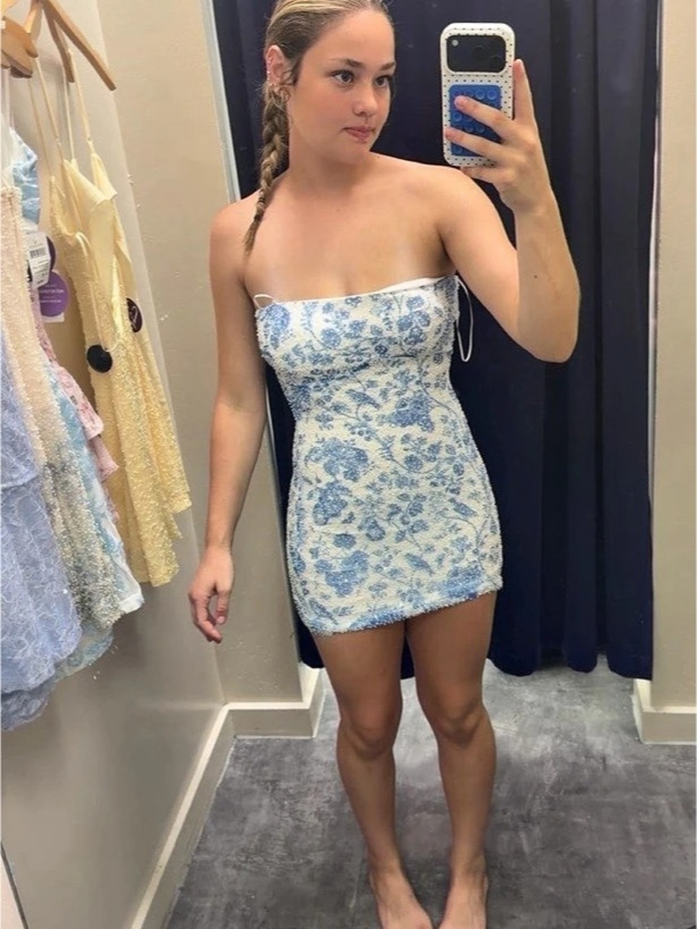 Windsor Astrid Floral Beaded Strapless Mini Dress Blue & White Homecoming dress